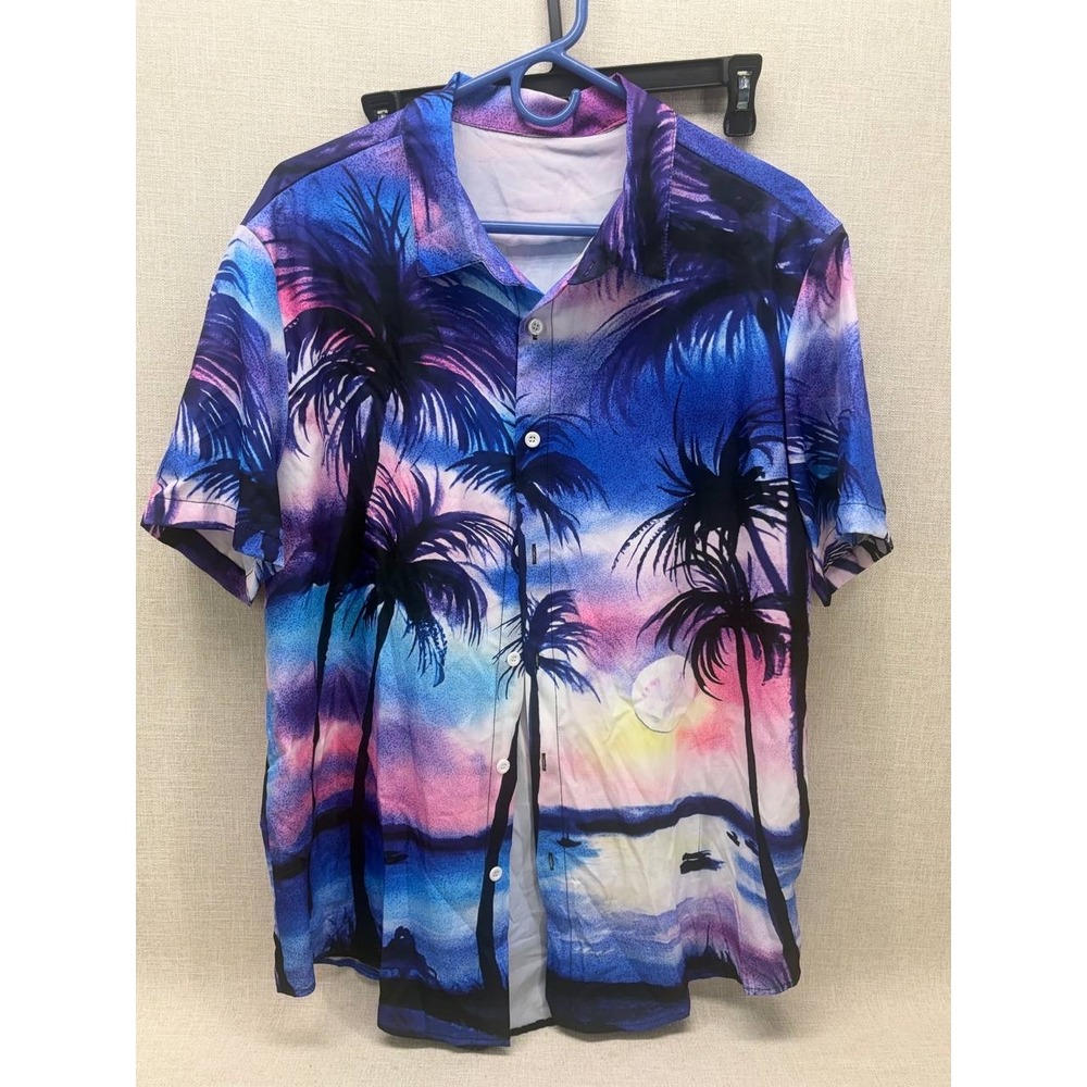 Manfinity Mens Tropical Sunset Palm Tree Button Down Shirt Large Blue Pink L